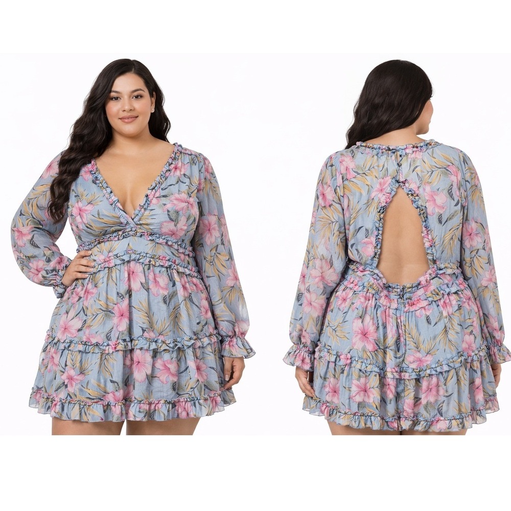 Mini Dress Fashion Nova Curve Tropical Floral Open Back Ruffle Blue Pink 1XL